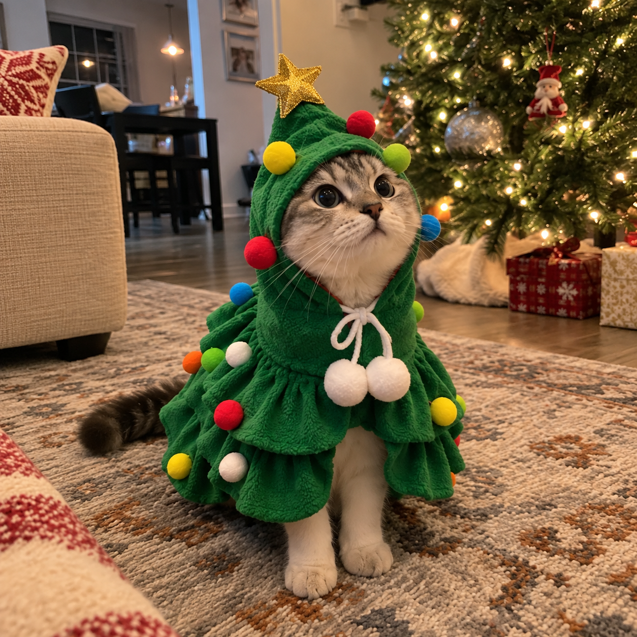 Cat Wearing Christmas Tree Costume