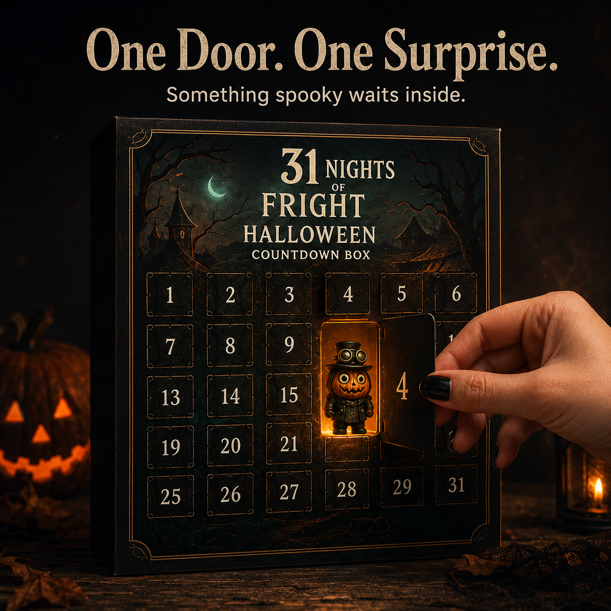 Arranging miniature halloween figures on shelf display