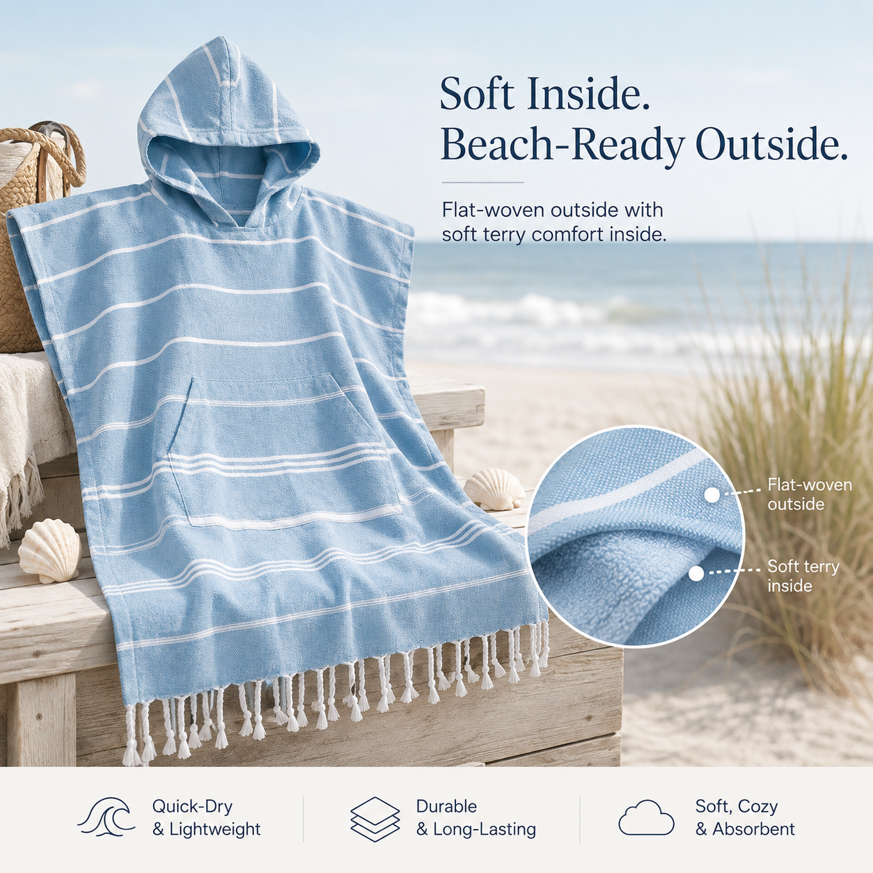 Close up of hood and side pocket details on beach towel poncho