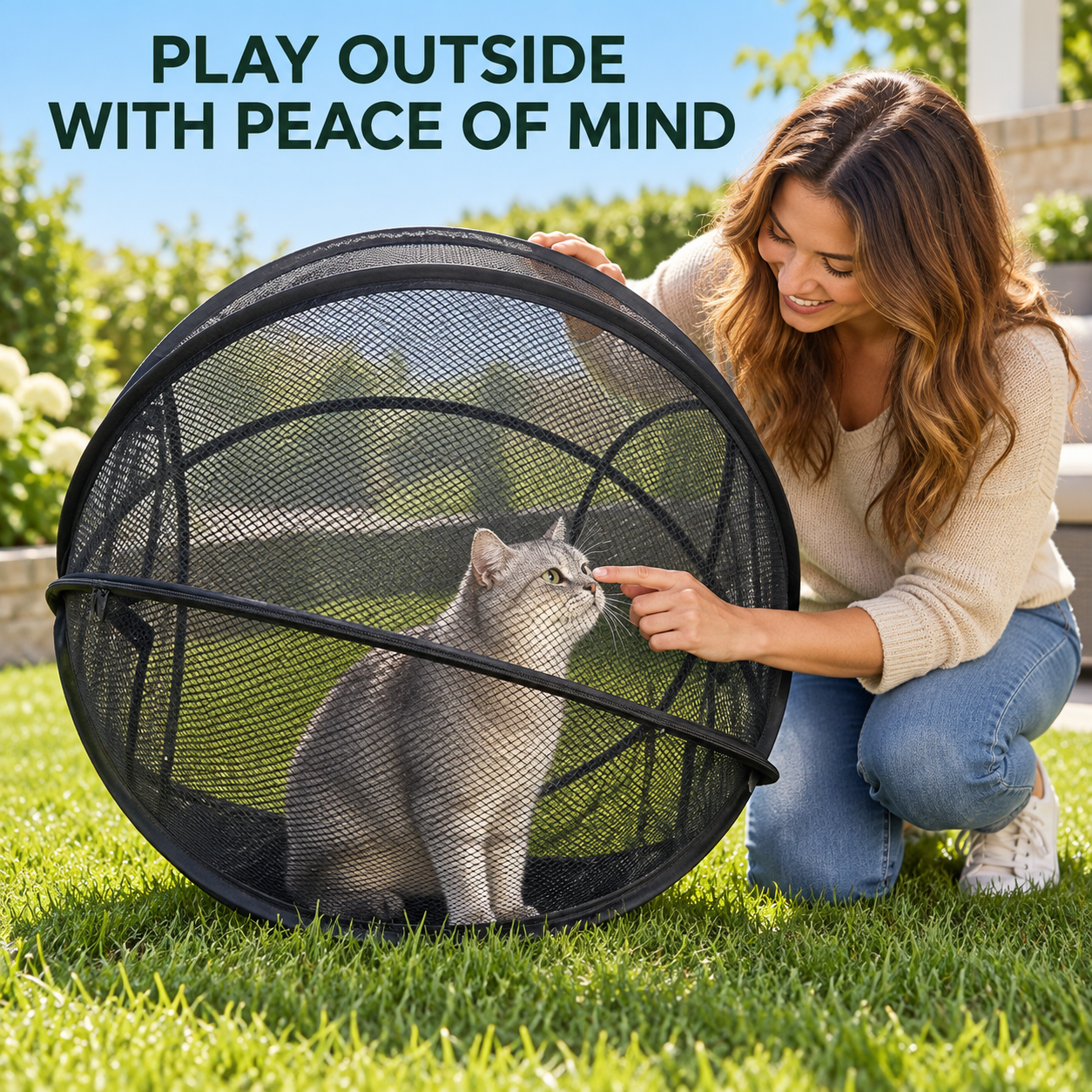 Cat relaxing in portable mesh enclosure