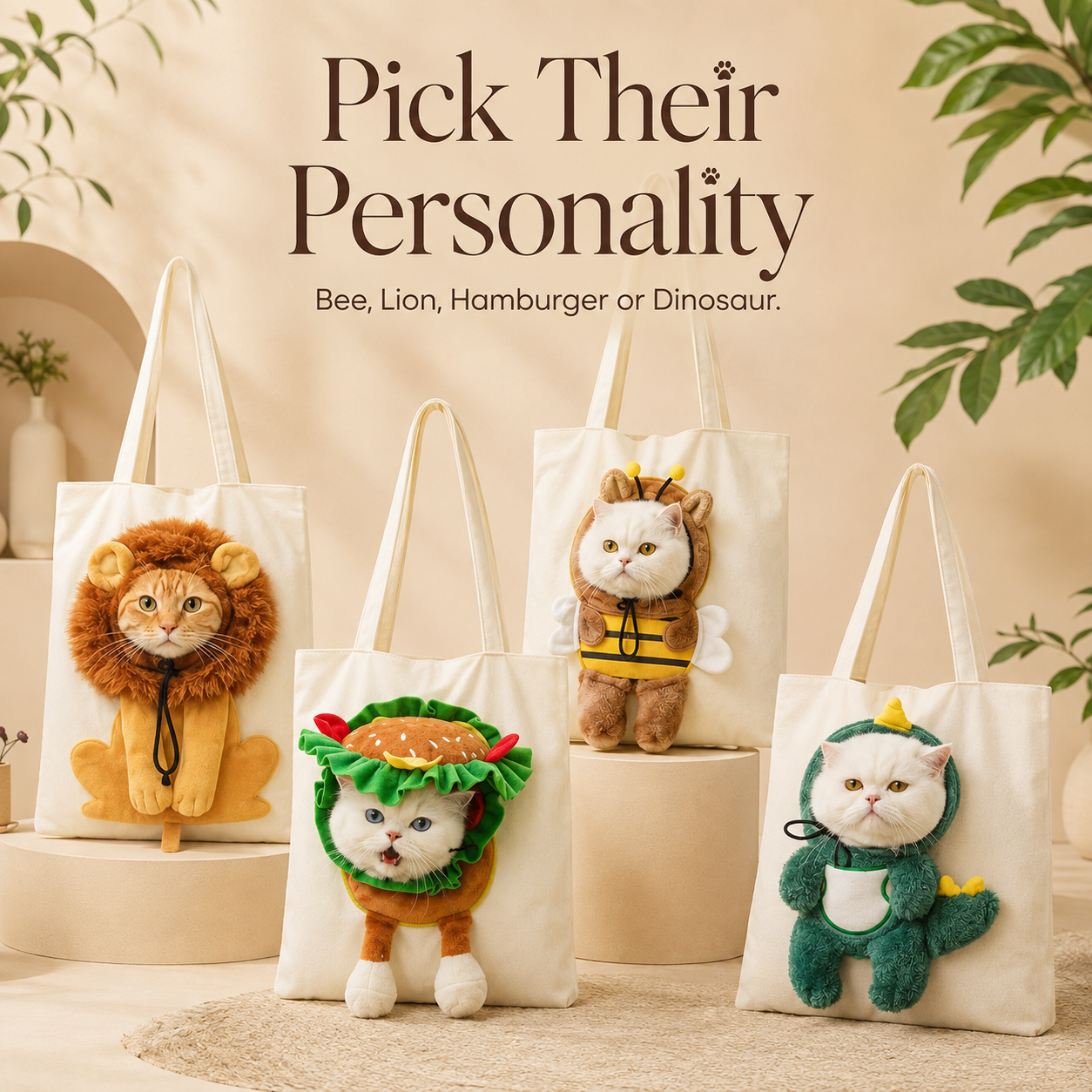 Cute cat peaking head out of lion character canvas tote bag