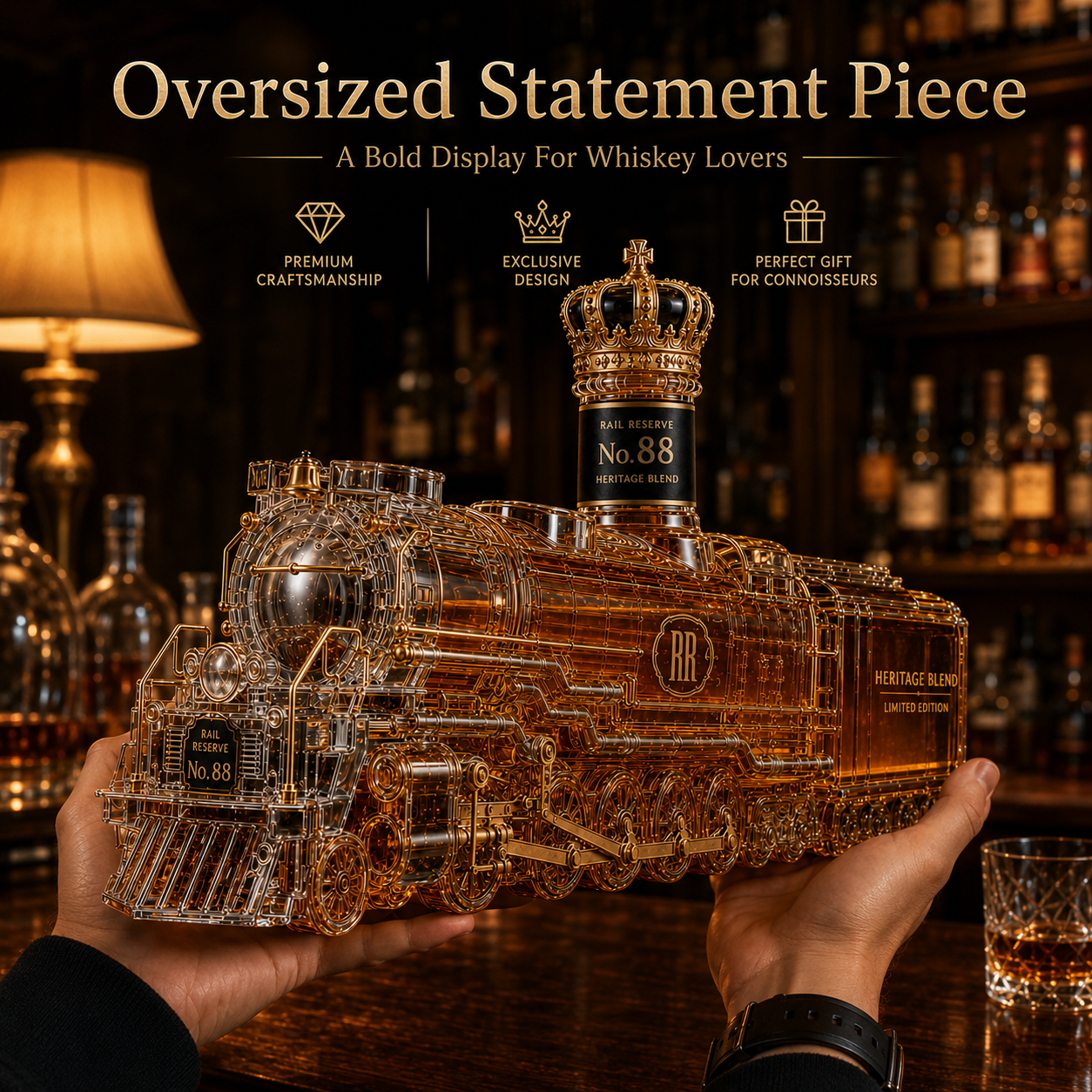 Locomotive decanter with amber glass body and ornate stopper