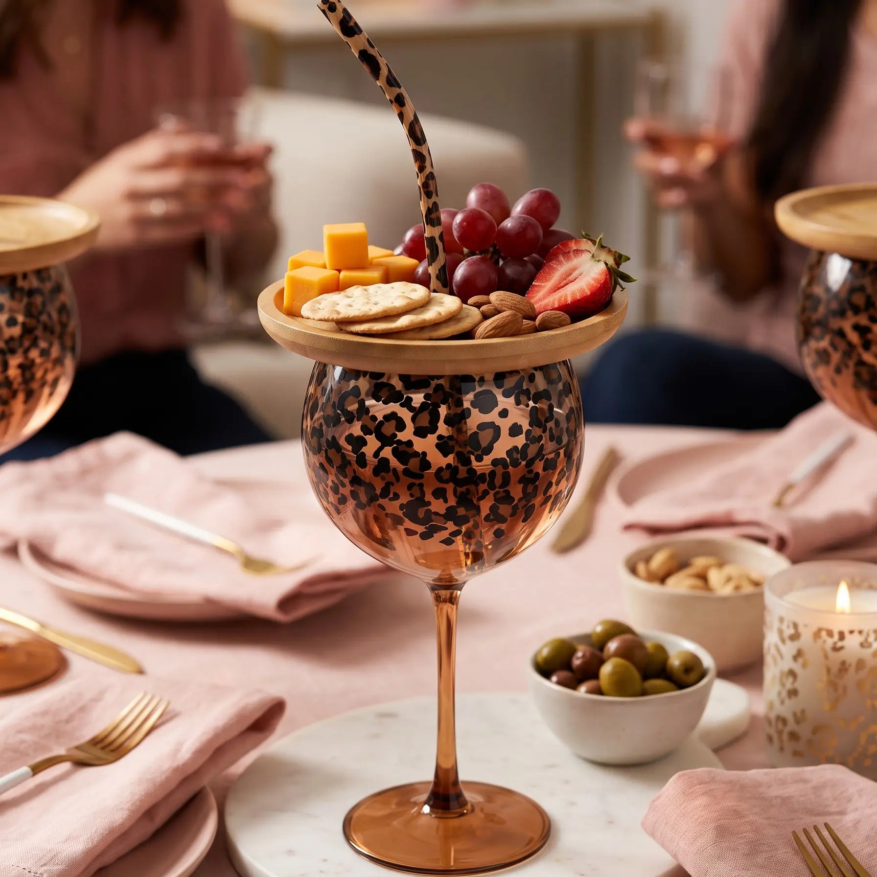 Leopard Wine Glass with Curved Straw