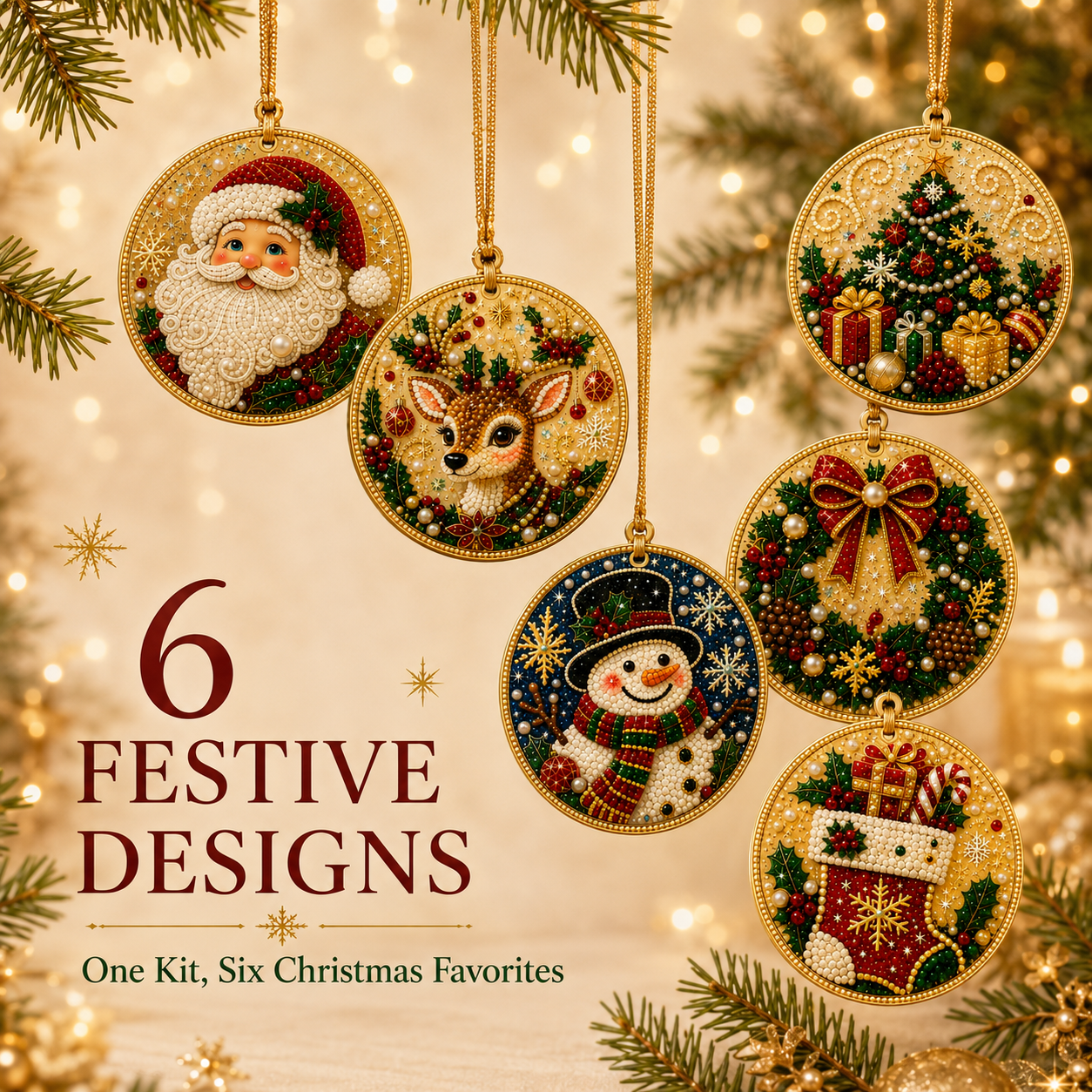 Finished Santa Claus and Christmas stocking sparkling ornaments
