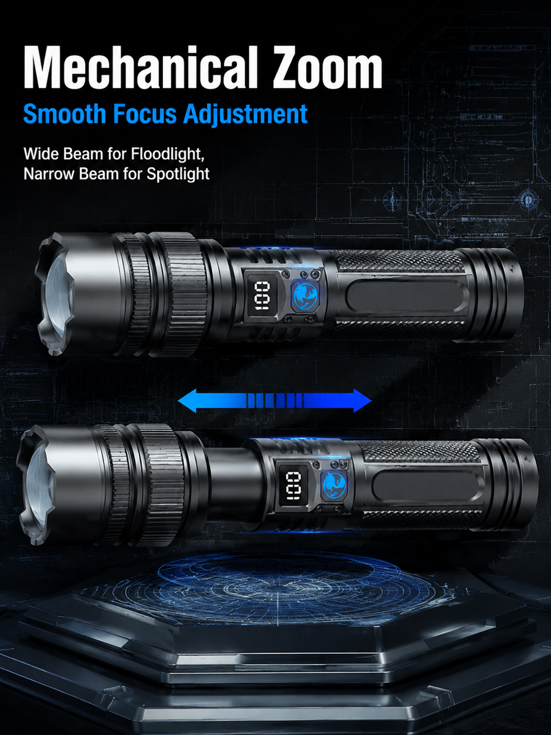 Telescopic zoom flashlight with adjustable beam coverage
