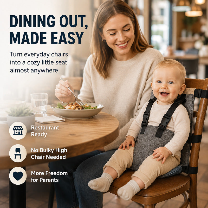 Parent dining at restaurant with baby using portable chair harness