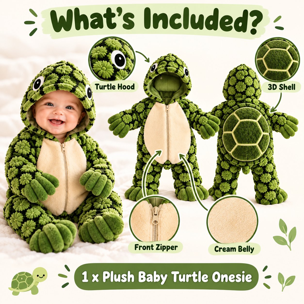 Turtle baby onesie details