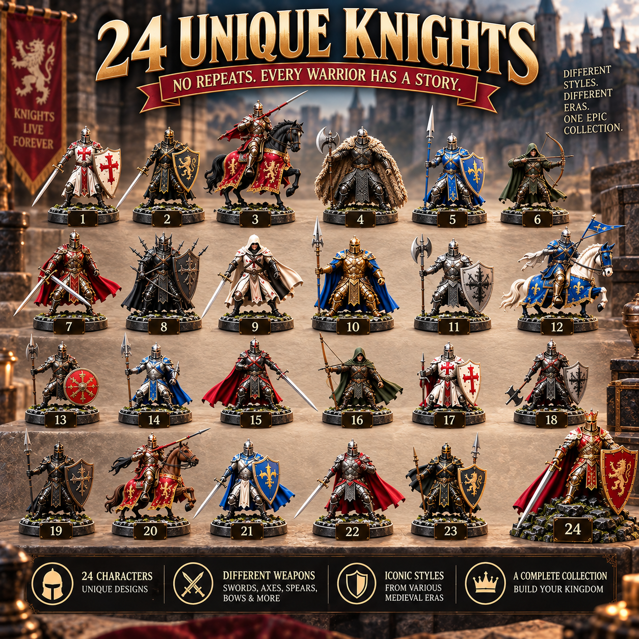 24 unique medieval knight collectible figures