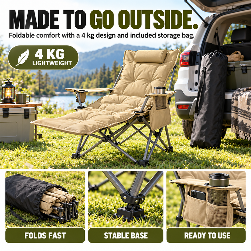 Camping chair switching between chair mode and lounge mode with removable footrest
