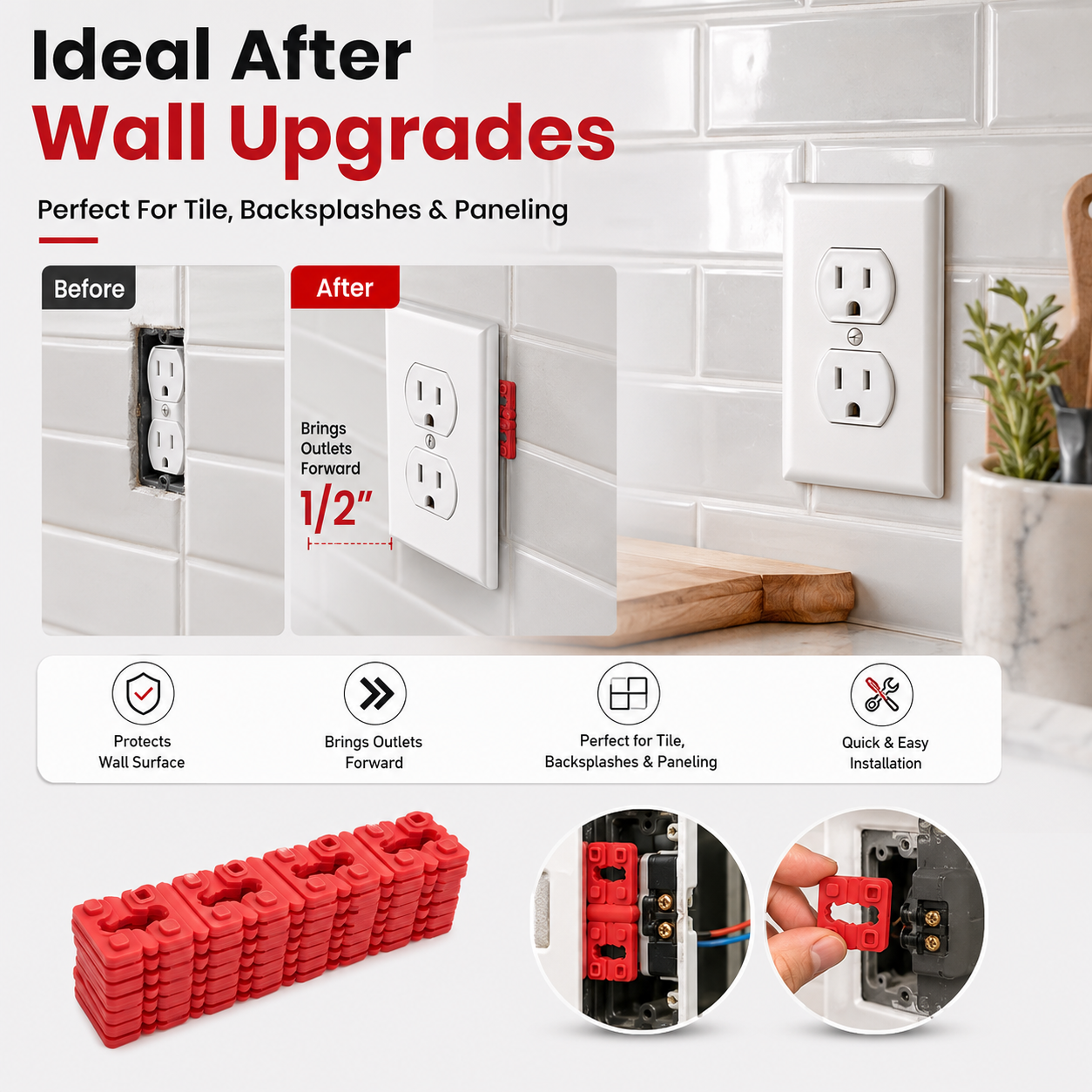 Outlet spacer installed behind receptacle on kitchen tile backsplash
