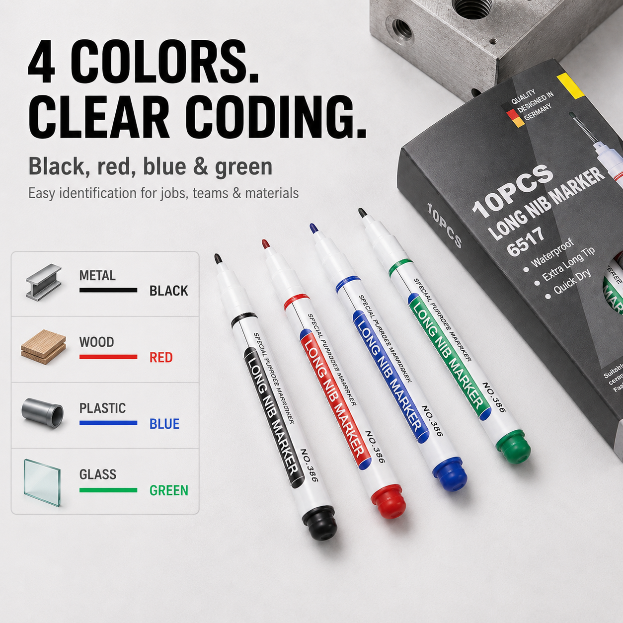 Black red blue and green long nib marker color options