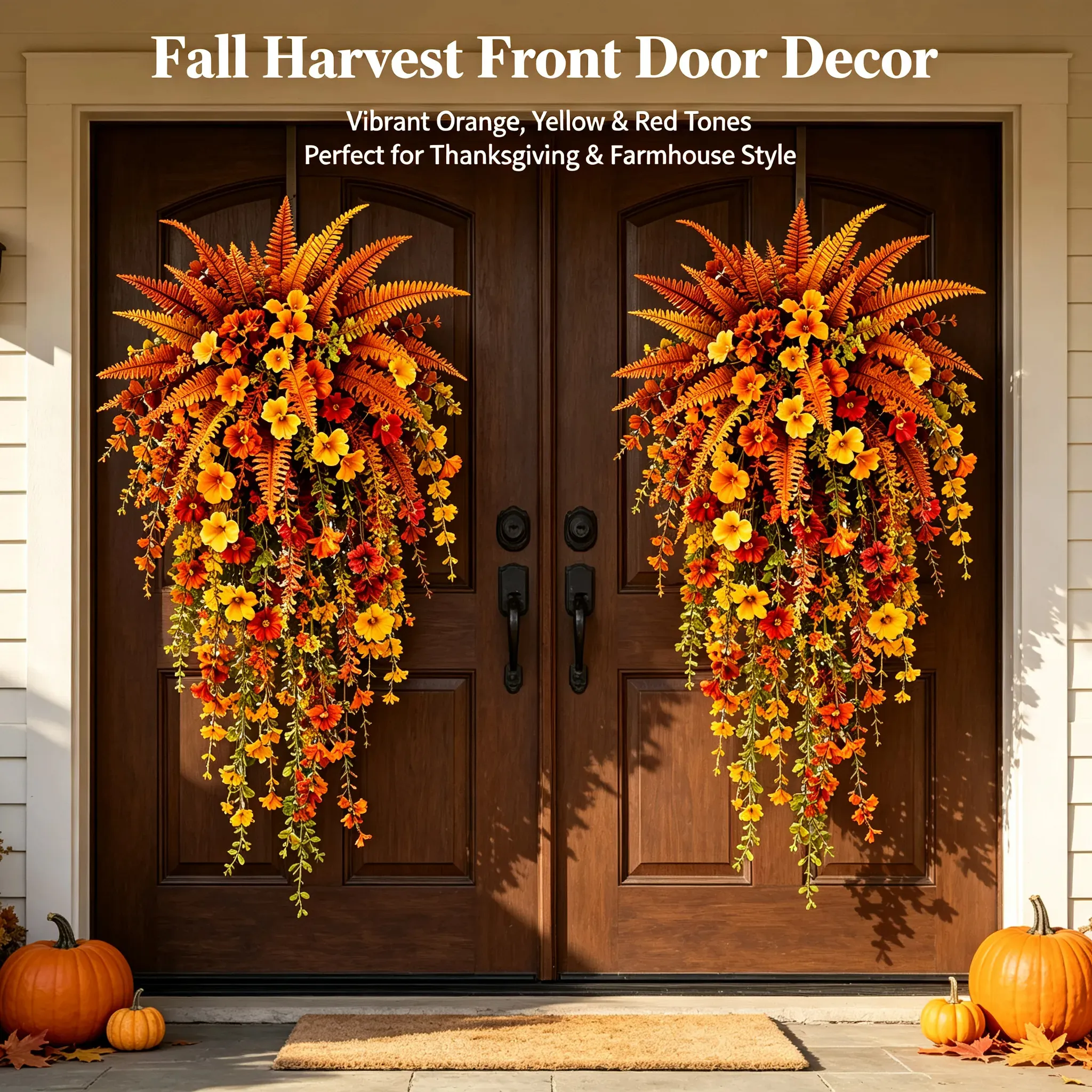 Fall hanging flower basket displayed on porch front door