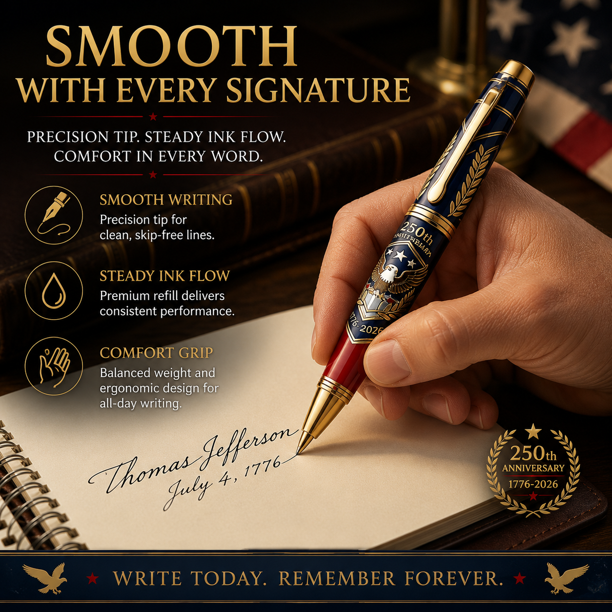 Commemorative pen writing smoothly on paper
