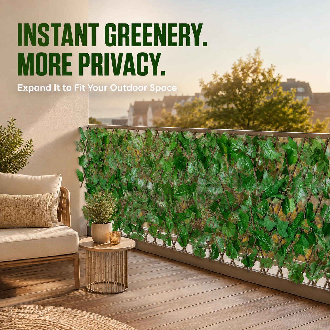 Expandable faux ivy privacy fence installed on a modern balcony