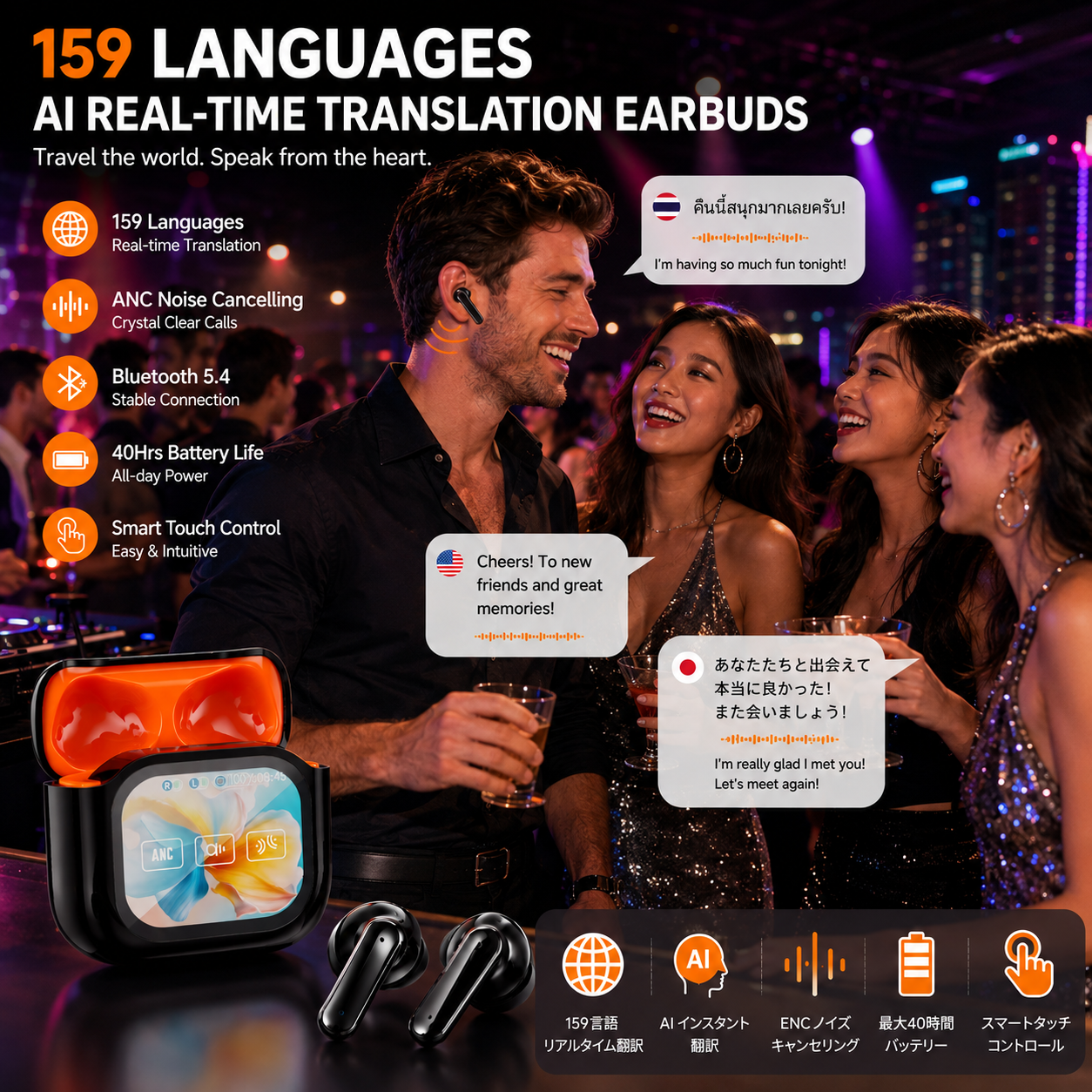 AI translation earbuds with wireless audio and noise reduction