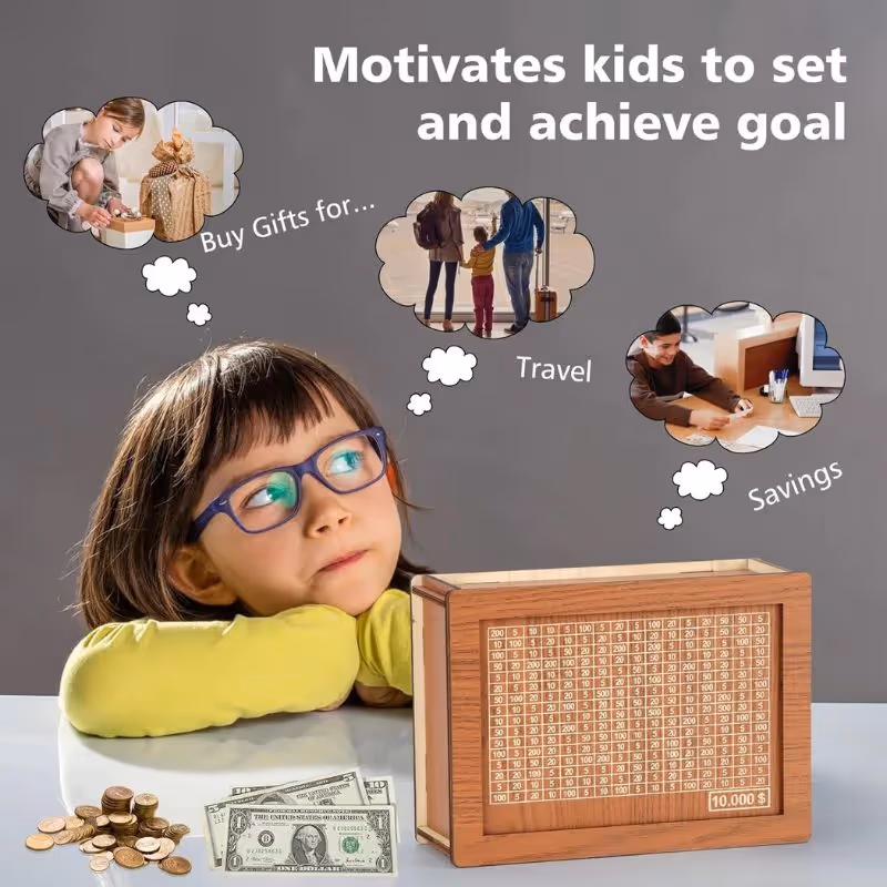 Kids learning saving habits with family fun savings box
