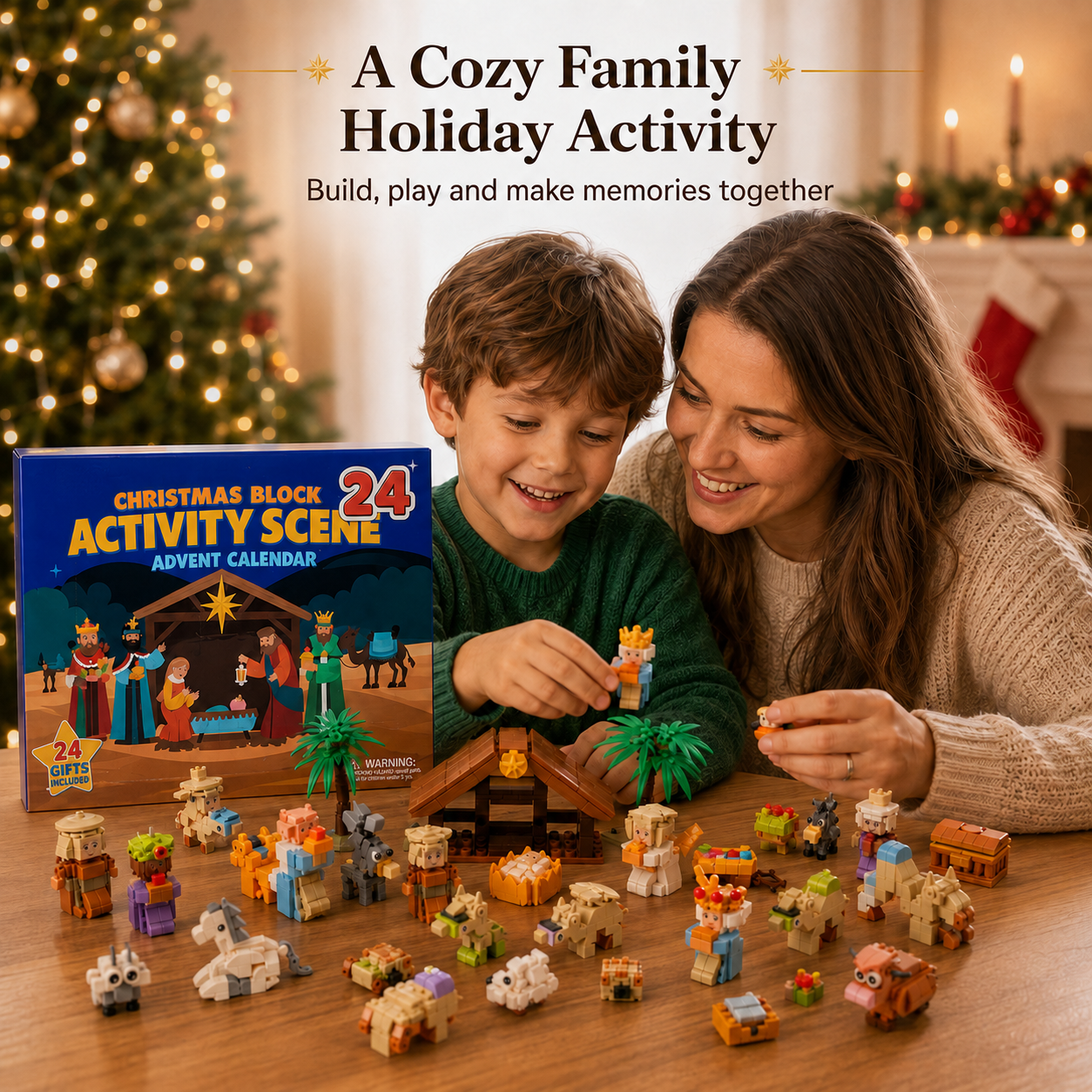 Parent and child building a Christmas Nativity block advent calendar together