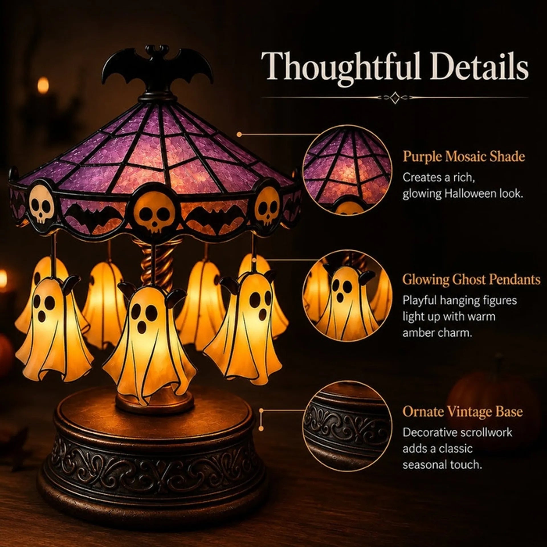 Ghost Carousel glowing and rotating in dark Halloween yard setting