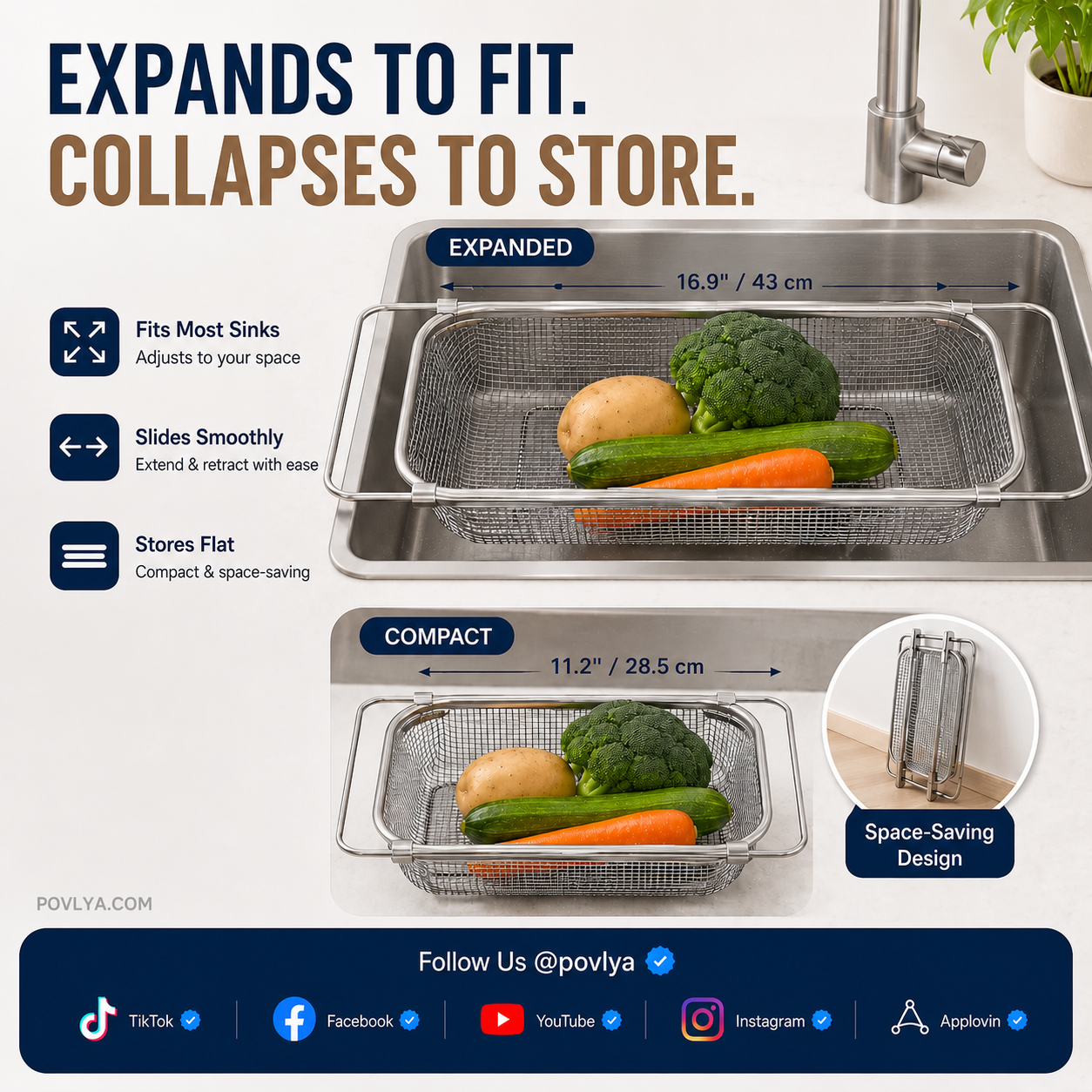Expandable sink basket collapses for storage