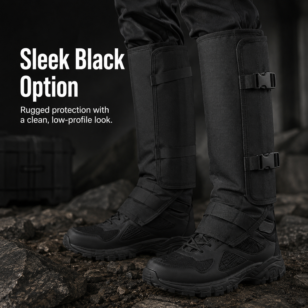 Snake gaiters worn on hunting boots in tall grass terrain