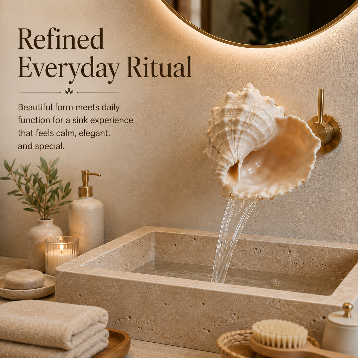Coastal seashell wall-mounted faucet above a stone sink