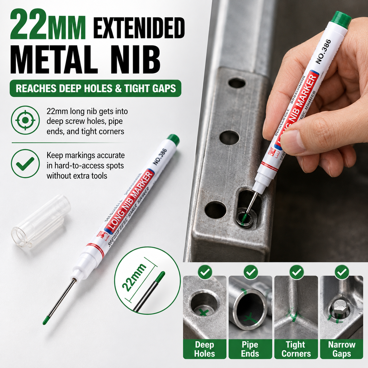 22mm extended metal nib reaching deep holes and tight gaps