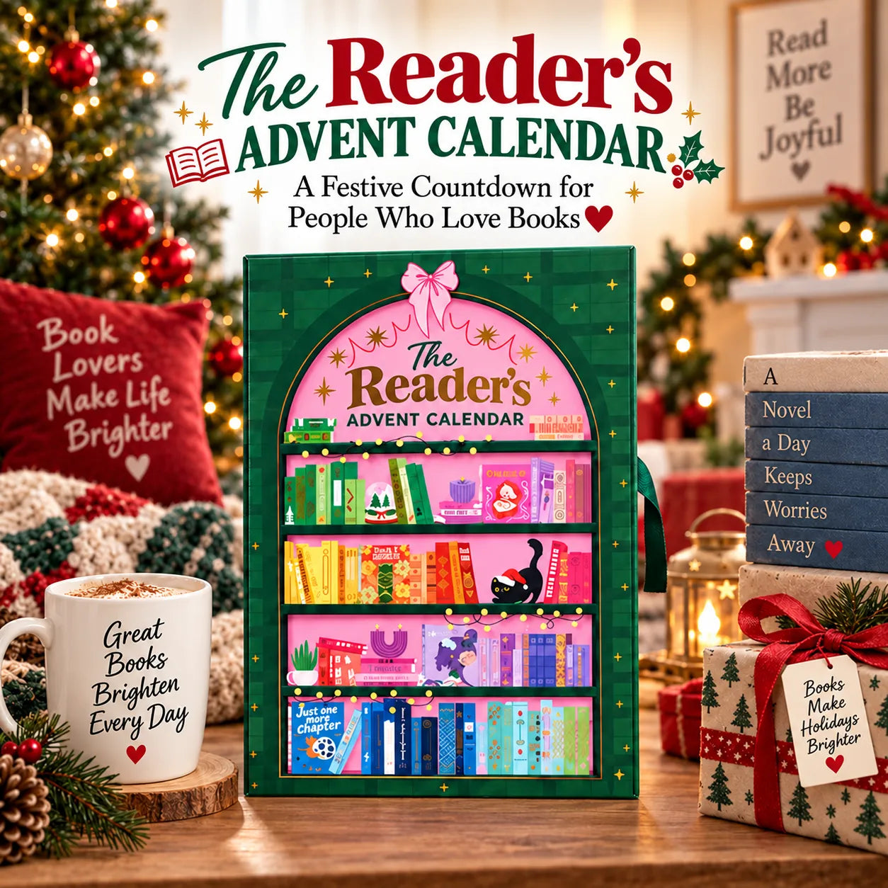 The Book Lover’s Advent Calendar displayed beside festive lights and books