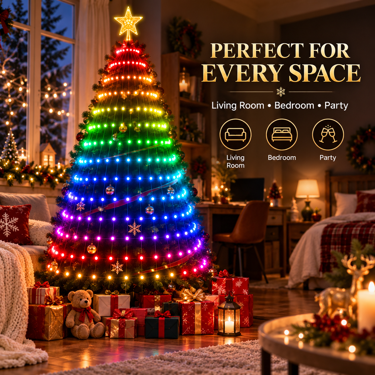 Christmas tree styled seamlessly in living room and bedroom spaces