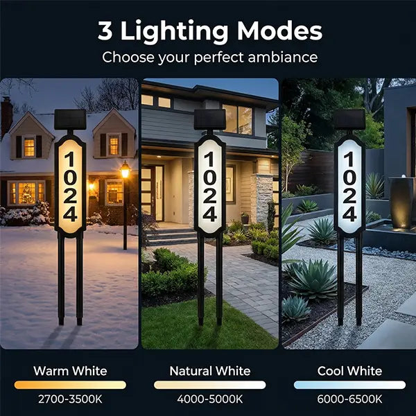Warm natural and cool white lighting modes for solar address sign