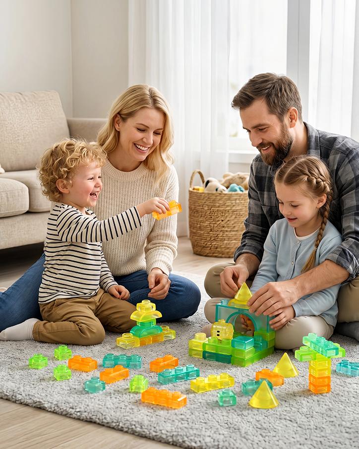 Family enjoying creative play with jelly building blocks