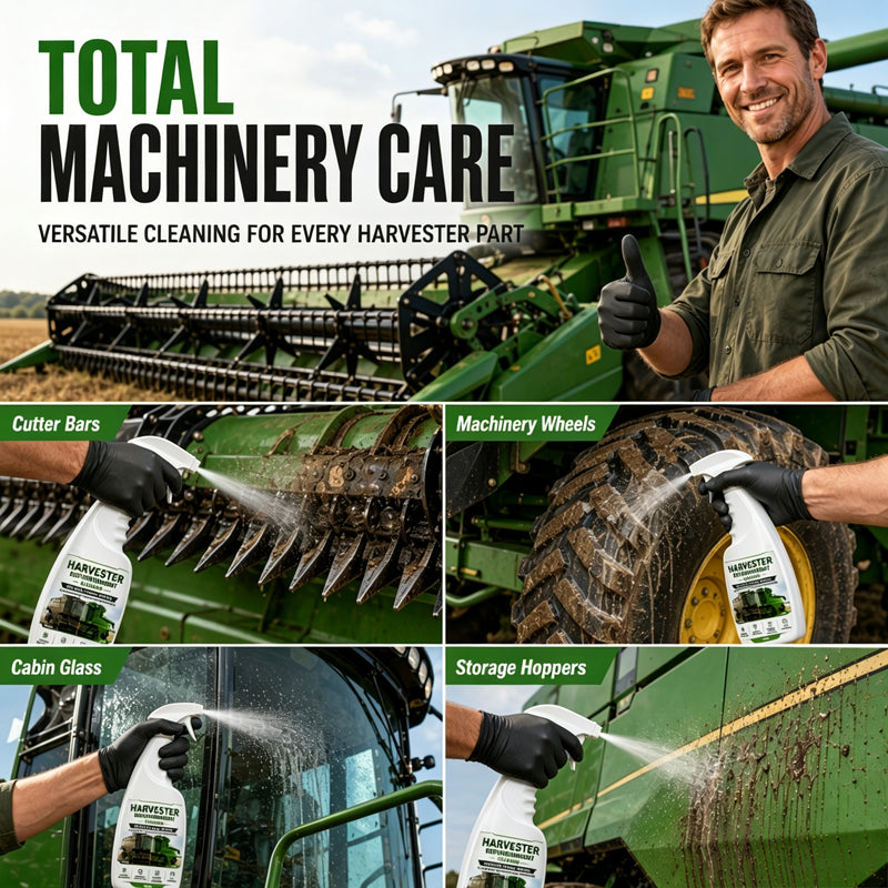 Cleaner used across different exterior sections of harvesting machinery
