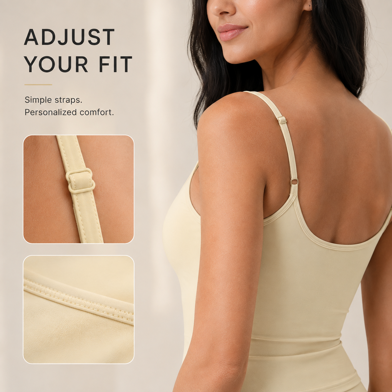 Back view showing adjustable sliders on slim shoulder straps