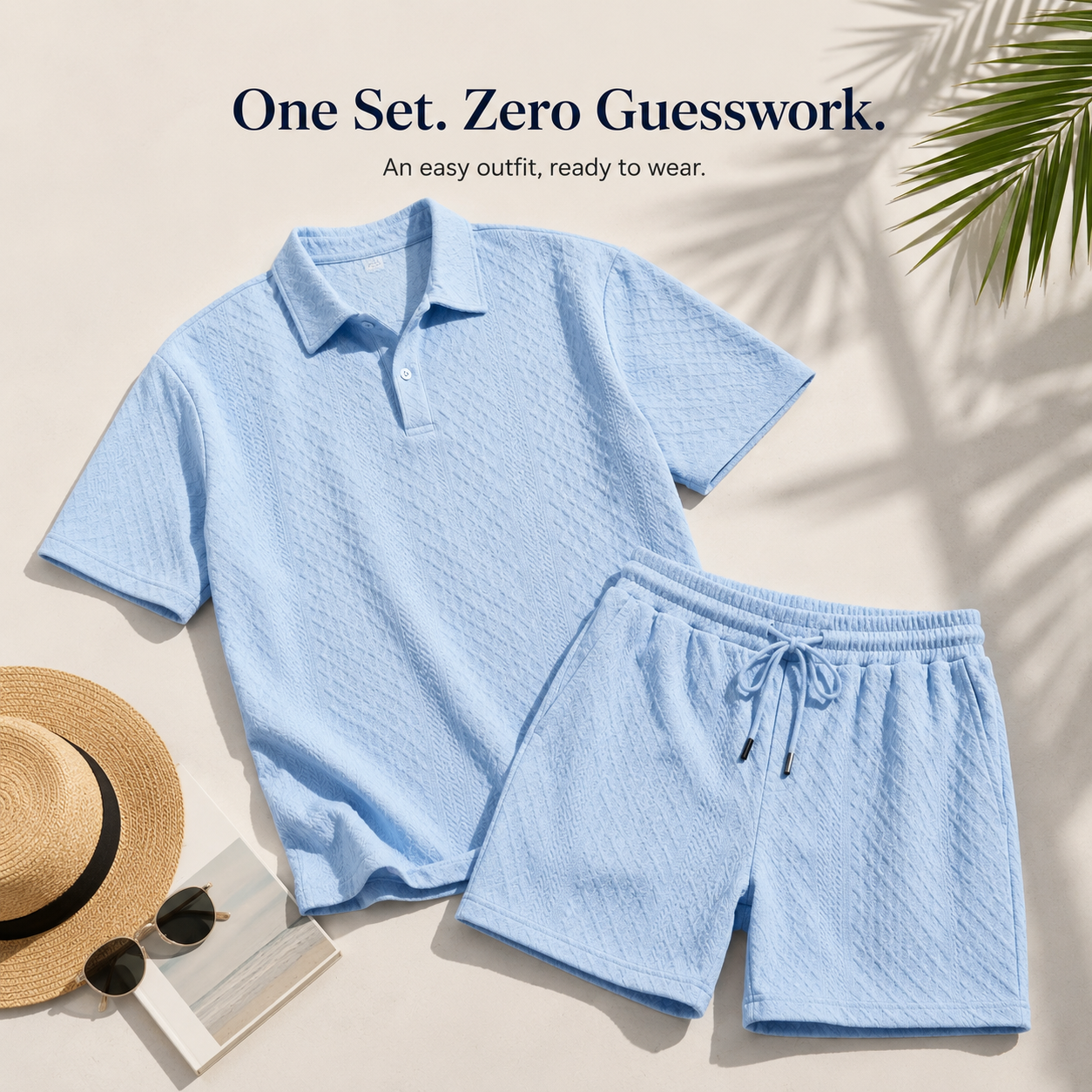 Men's textured polo and shorts set full front outfit view