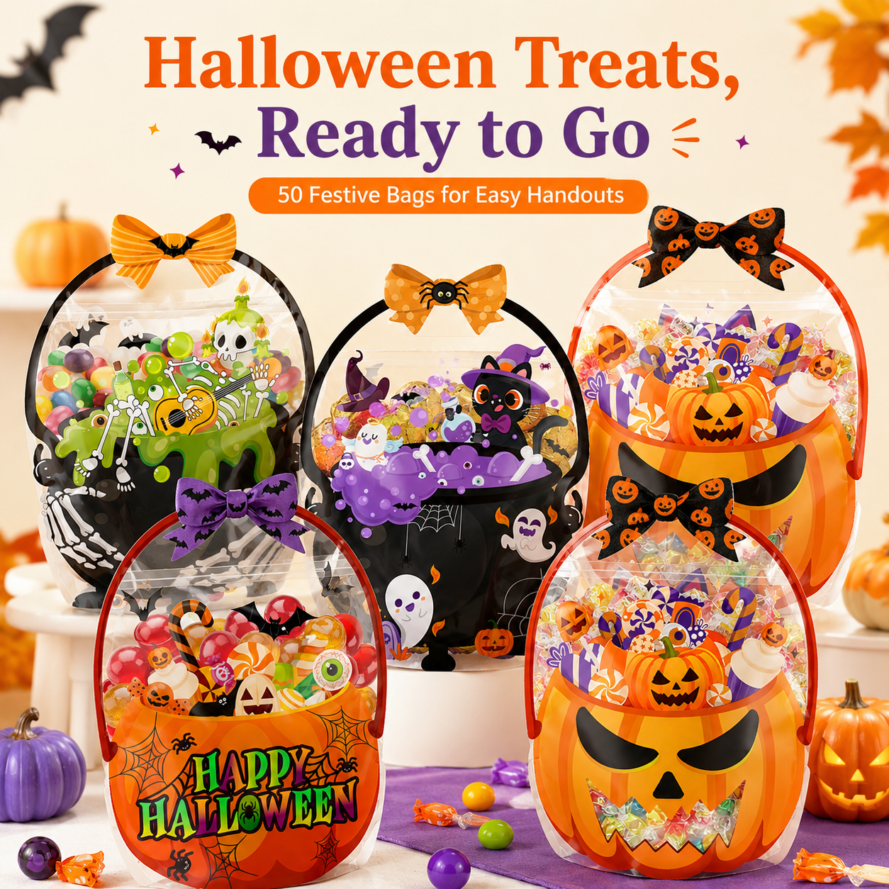 Four step guide open fill press zip and hand out treat bags
