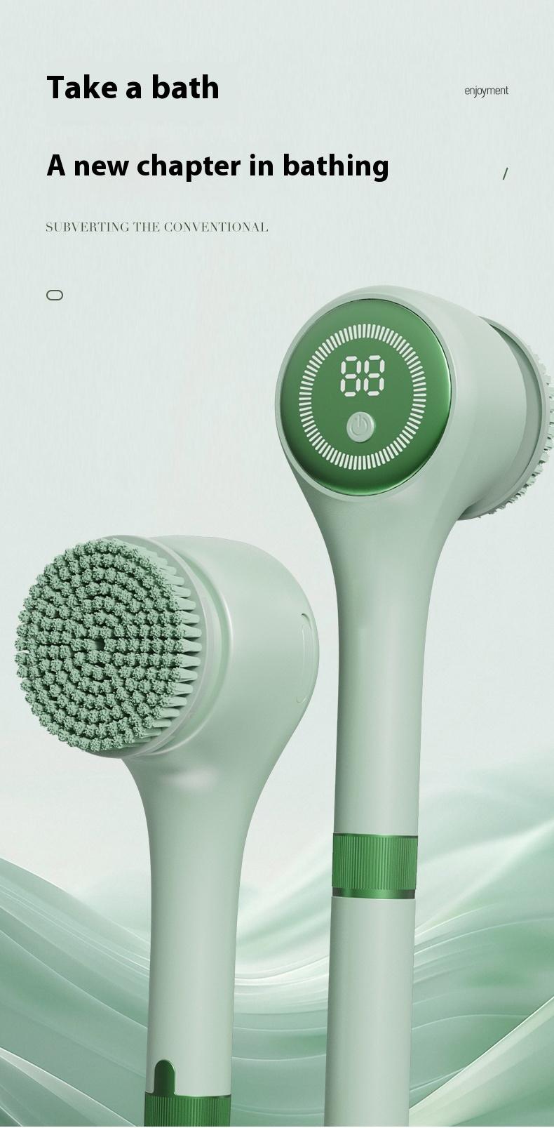 Rechargeable Motorized Electric Shower Back Scrubber - Long Handle IPX Waterproof PVC Spin Bath Brush with 5 Replaceable Heads, 3 Speed Modes, Exfoliating Massager for Adults Sensitive Skin, USB, Full Body (Shoulders, Calves Care, Great Gift Option)