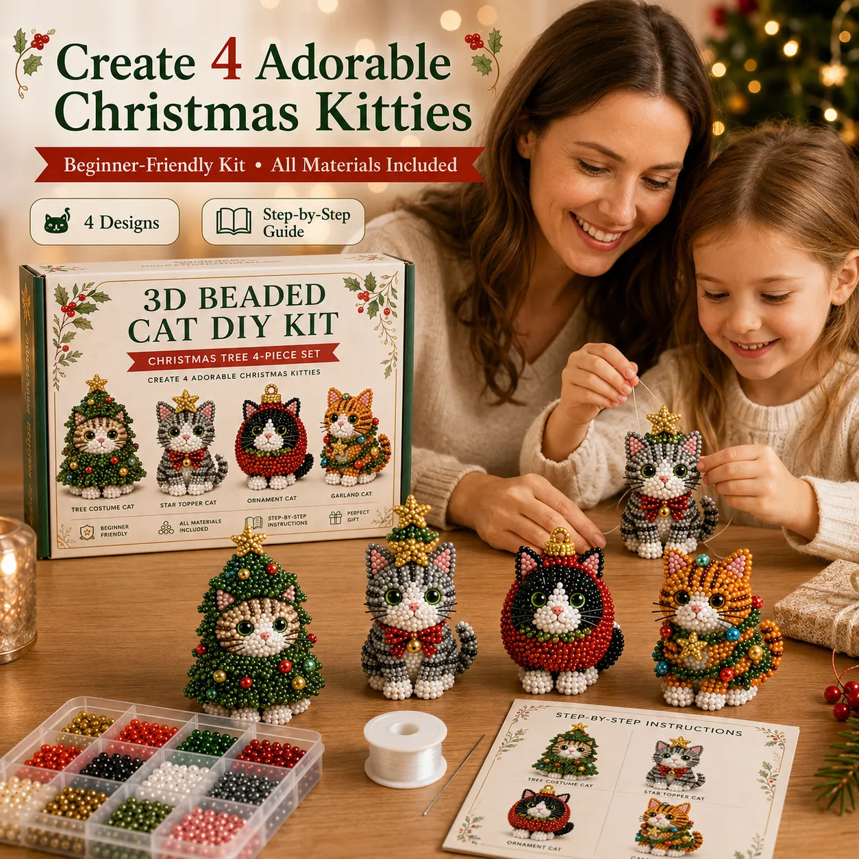 Four finished 3D beaded Christmas cat ornaments display