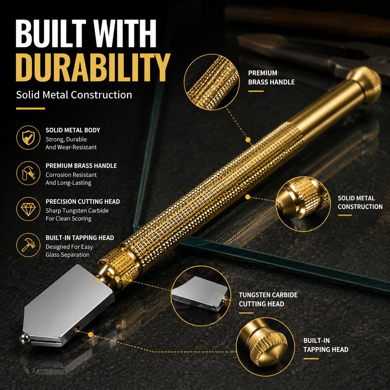 Textured brass handle grip details for steady cutting pressure