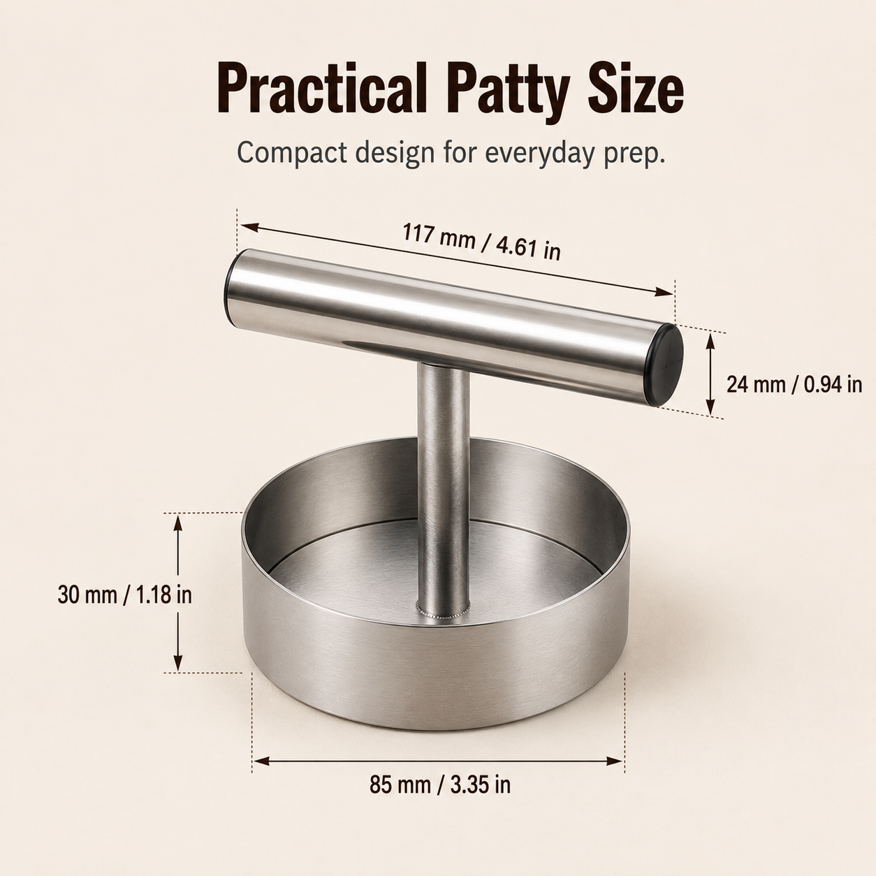 Burger patty press dimensions and parts specification diagram