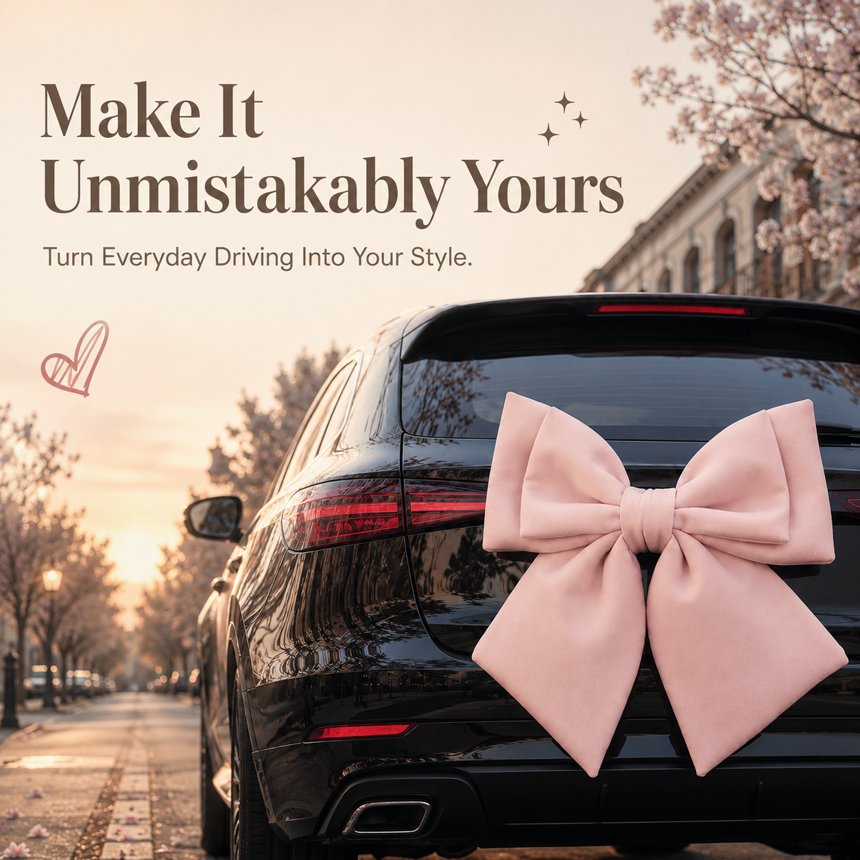 Side view of pink bow installed on vehicle body