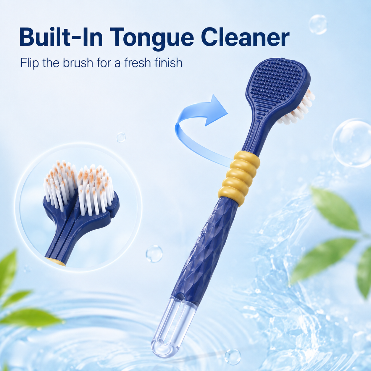 Three sided toothbrush in daily bathroom setting