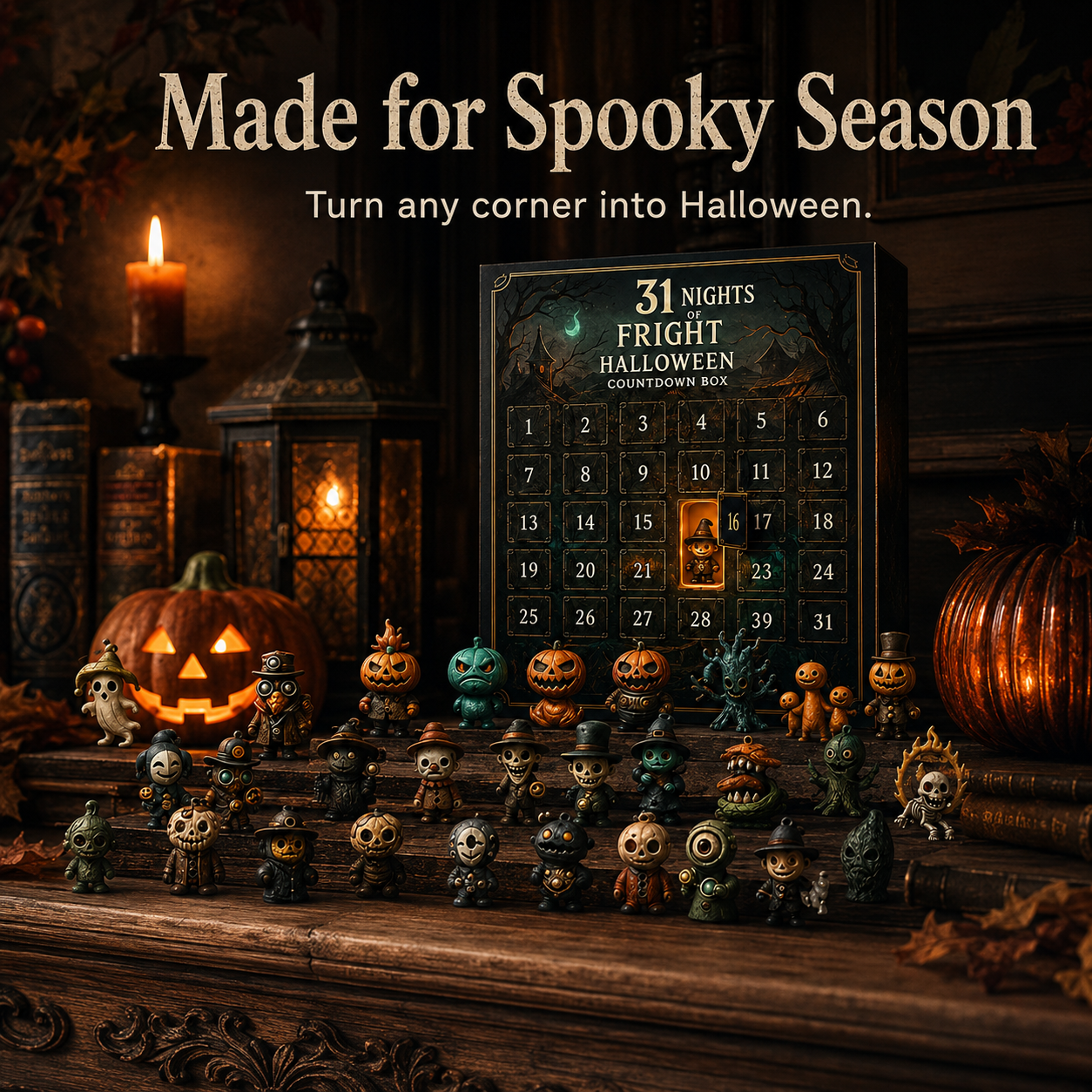 Halloween party table setup with collectible mini figures