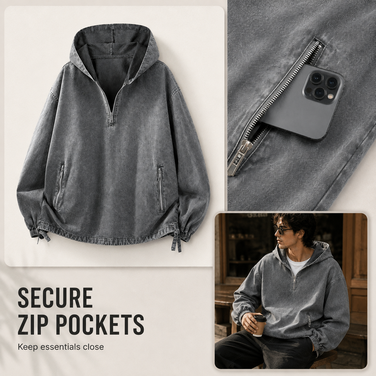 Model wearing vintage washed half zip hoodie in street casual setting