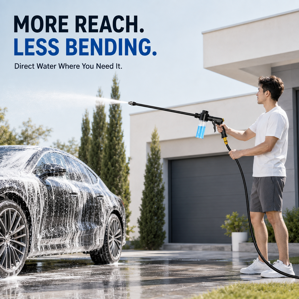 Extended wand spraying mud and dirt from car tire and wheel arch