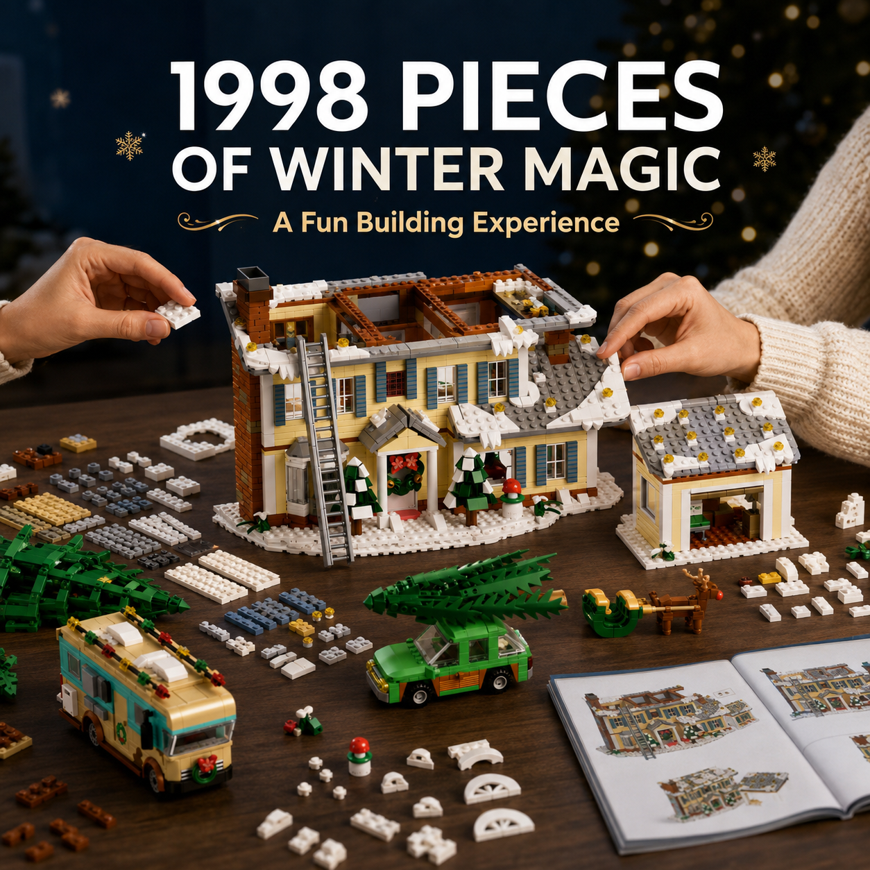 Illuminated winter house with warm glowing window lights