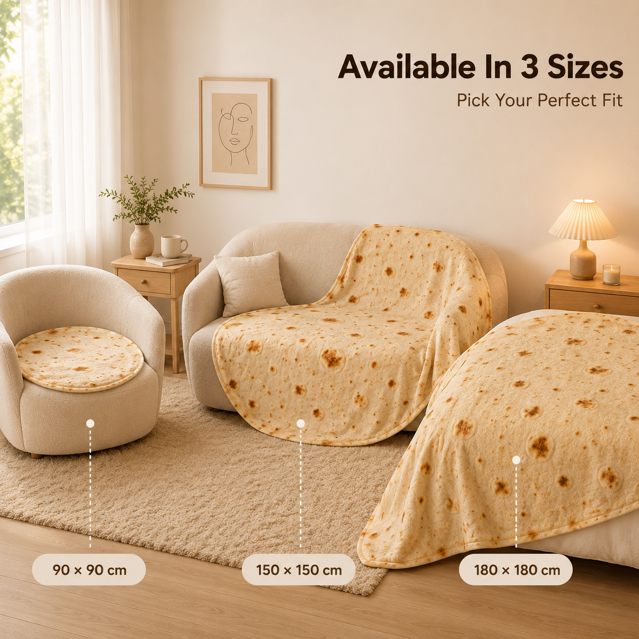 Variety of realistic food blankets including pizza, donuts, and burritos