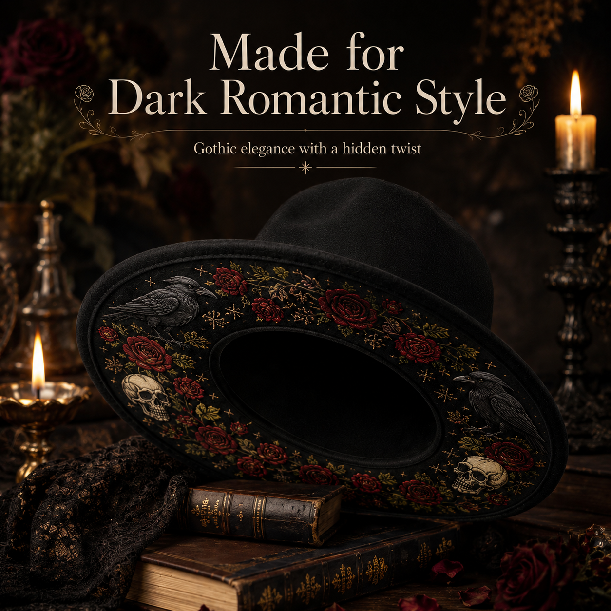 Rose and raven dark romantic embroidered brim design