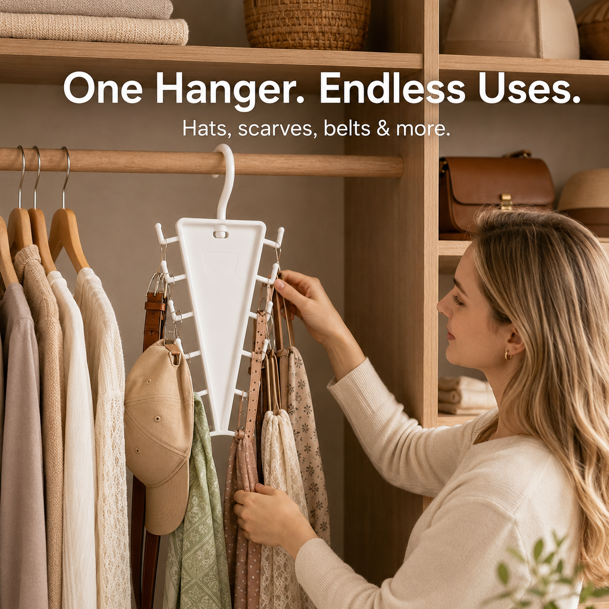Hats, scarves, and tank tops neatly organized on hanger