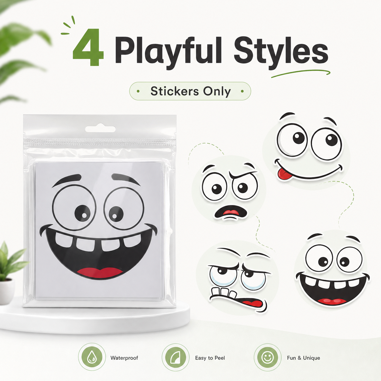 Cartoon face sticker on white kitchen refrigerator door