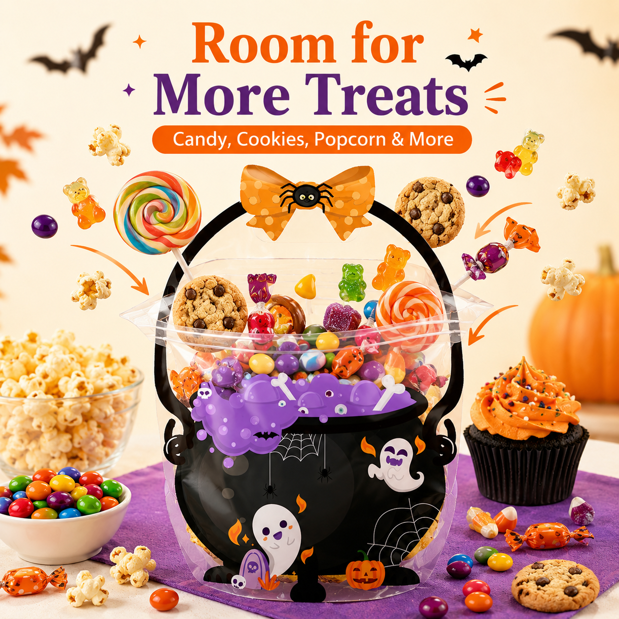 Flat stored plastic Halloween treat bags before filling