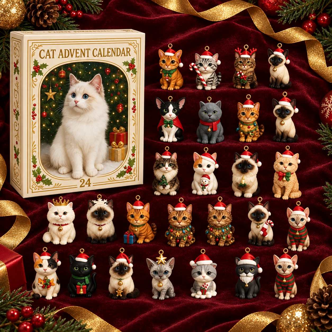 Christmas cat advent calendar collection on red fabric